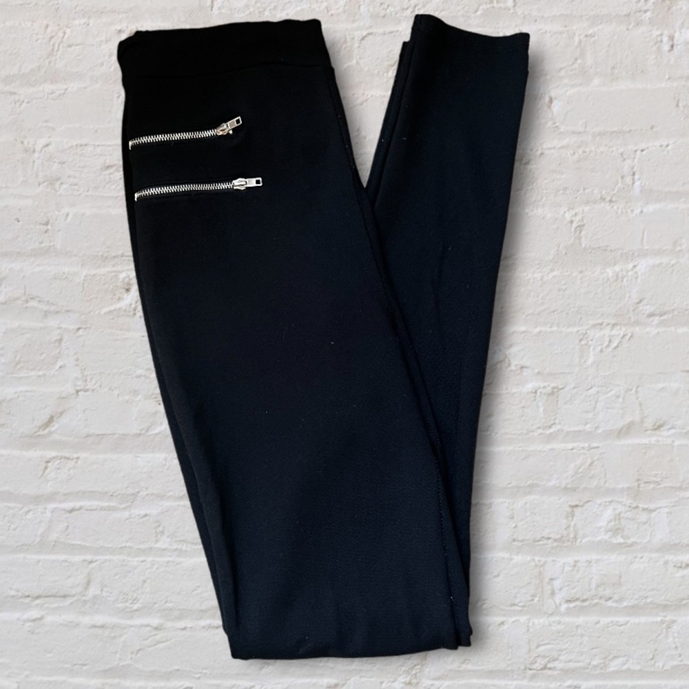 WFFS Black Stretch Knit Moto Double Zipper Front Pockets Leggings Tights Pants